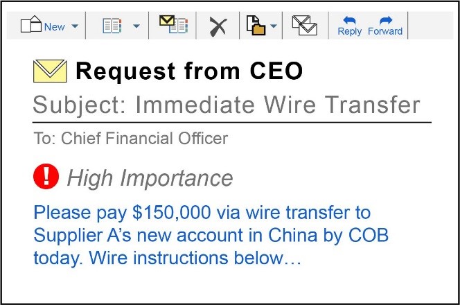 This is an image showing an example of a High Importance email created by a criminal hacker impersonating an executive of a company instructing an employee to process a wire transfer and issue payment.  