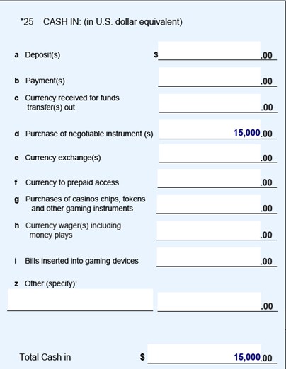 How do I complete the FinCEN CTR for purchases of monetary instruments with currency